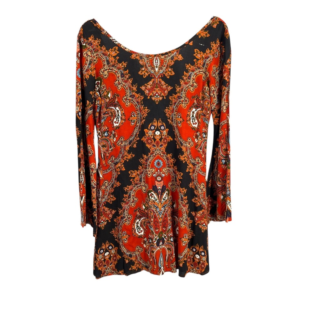 Raga Boho Paisley Mini Dress Black Red Low Back Flutter Sleeve XS New